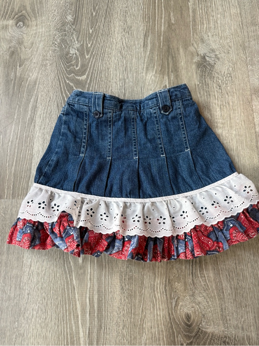 Vintage Y2K Denim Ruffle Skirt Red Bandana Hem upcycled rodeo cowgirl